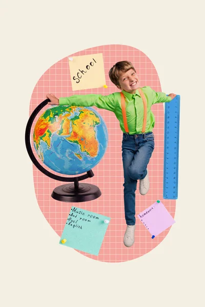 Collage Vertical Image Drôle Mini Garçons Mains Tenir Énorme Planète — Photo