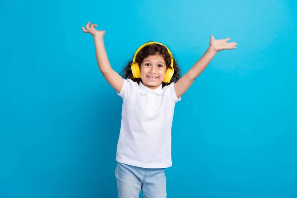 Photo Positive Cheerful Kid Girl Listen Headphones Pop Radio Isolated — Stock Photo, Image
