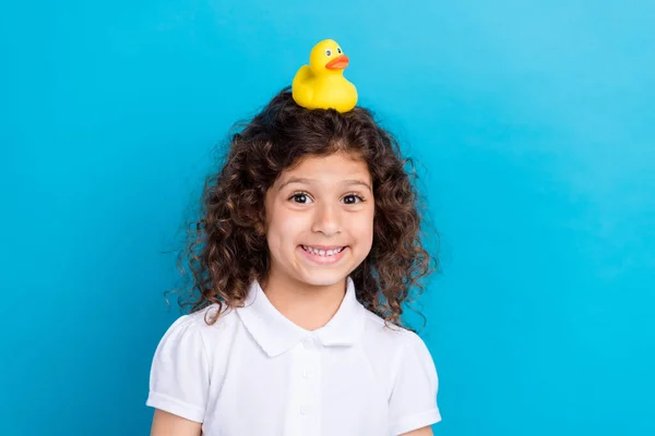 Photo Funny Sweet Kid Girl Playing Yelow Duck Head Isolated — Stock Photo, Image