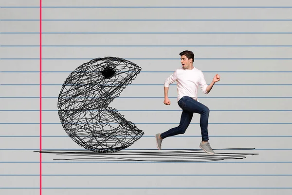 Colagem Criativa Cara Funky Fugindo Assustado Olhando Pacman Pintado Personagem — Fotografia de Stock