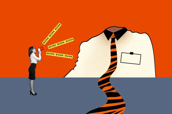 Creative Poster Collage Formalwear Office Businesswoman Boss Scream Megaphone Order — Stock Photo, Image