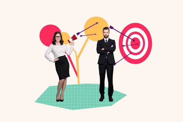 Collage of two colleagues woman hold loudspeaker motivate worker man make career target center arrow shoot isolated on drawn background.