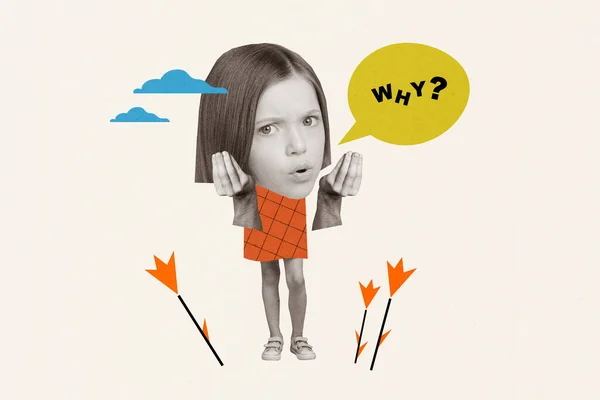 Baner Twórczy Collage Zabawna Dziewczyna Dziecko Pytając Dlaczego Absurd Ogromny — Zdjęcie stockowe
