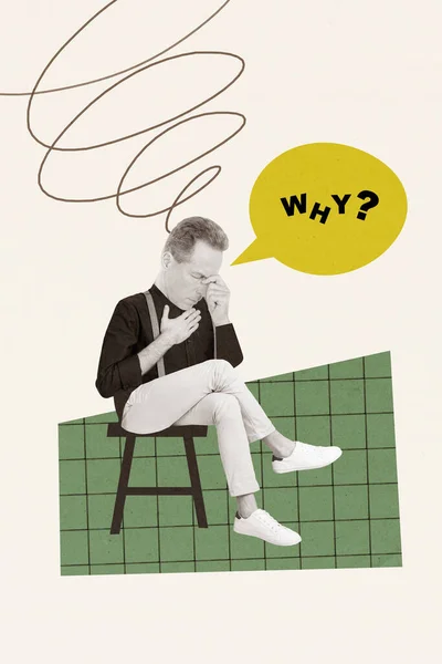Creatieve Tekening Collage Beeld Van Doordachte Man Zittende Stoel Vragen — Stockfoto
