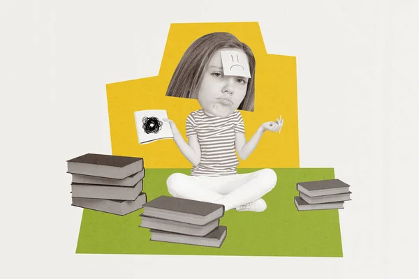Kolaż Obrażony Młody Nastolatek Dziewczyna Trzyma Papier Arkusz Rysunek Grymas — Zdjęcie stockowe