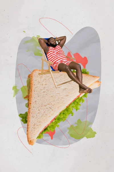 Composite Kunstwerk Collage Junger Mann Entspannen Sonnenbaden Auf Stuhl Schlummern — Stockfoto