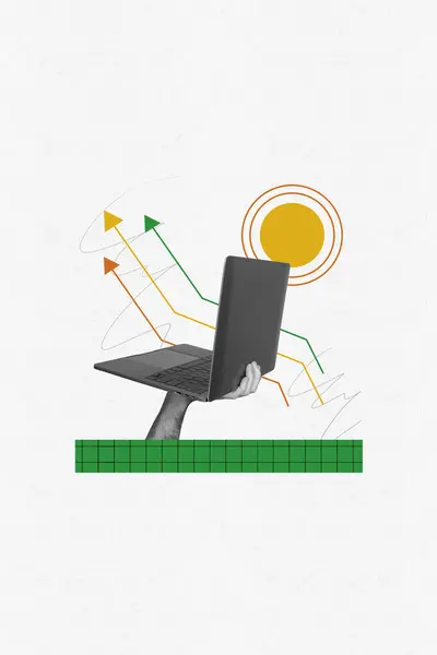 Colagem Cartaz Criativo Mão Segurar Laptop Netbook Setas Apontam Análise — Fotografia de Stock