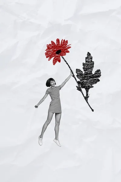 Poster Broşürü Kolajı Elinde Kırmızı Çiçekle Atlayan Komik Kız Çiçekçi — Stok fotoğraf