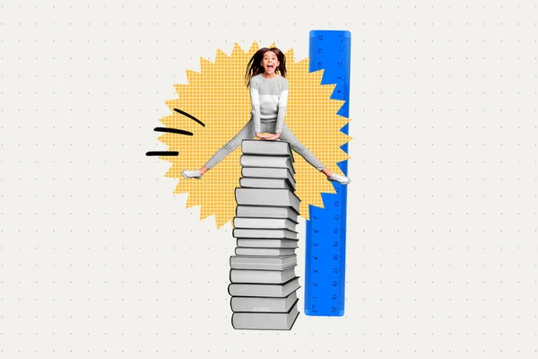 Collage Afbeelding Van Opgewonden Mini Meisje Springen Boven Enorme Stapel — Stockfoto