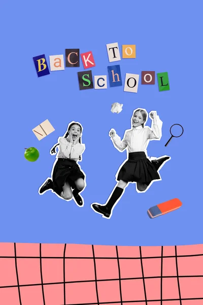 Pionowy Kolaż Dwóch Czarnych Białych Kolorów Podekscytowanych Funky Dziewczyny Skakać — Zdjęcie stockowe