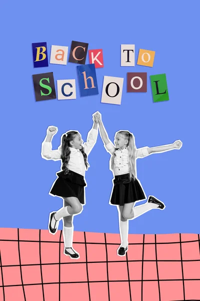 青い色の背景に隔離された学校の準備ができている満足した興奮する学校の仲間の縦の創造的な複合写真のコラージュ — ストック写真