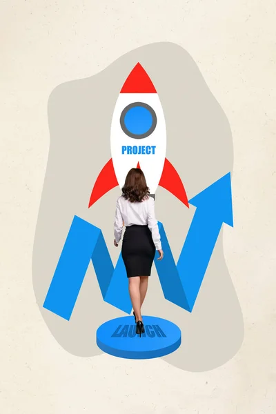 Vertical composition collage of steps business lady launch her first project high income diagram flight rocket isolated on beige background.