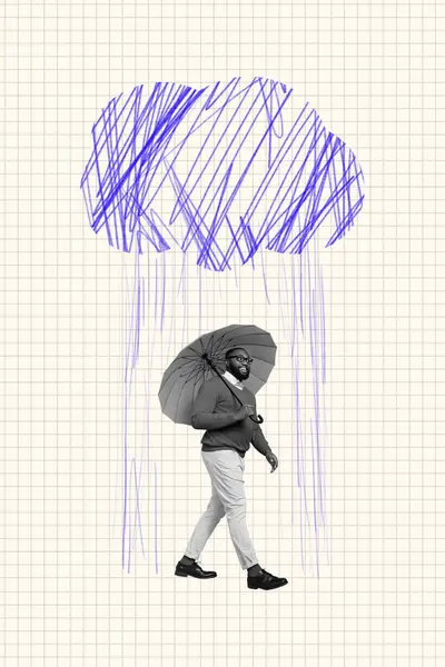 Picture Image Collage Smiling Guy Waling Hiding Rain Isolated Drawing — Stock Photo, Image
