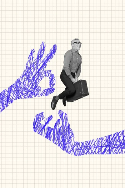 Imagem Quadro Pintado Colagem Engraçado Homem Idoso Voar Sentar Valise — Fotografia de Stock