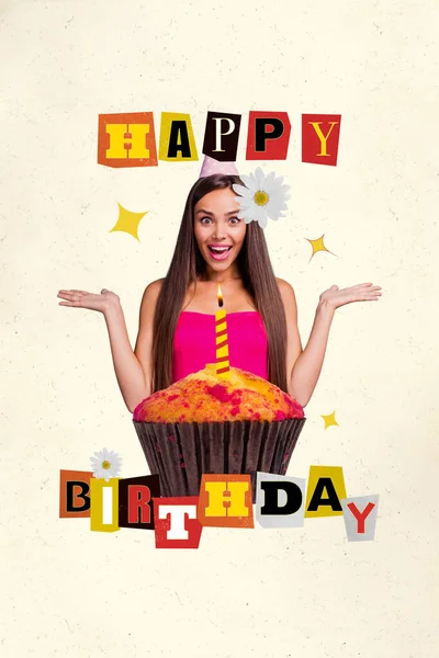 Vertical creative collage image of positive excited shocked female cake candle sweet happy birthday flower smiling bizarre unusual fantasy.