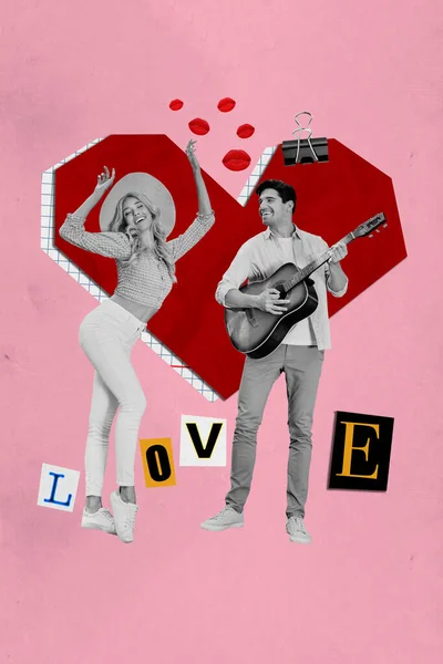 Genç Bir Çiftle Çıkmanın Birleşik Kolaj Görüntüsü Gitar Çalan Sevgili — Stok fotoğraf