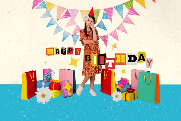 Creative Abstract Template Collage Sad Unhappy Teen Girl Happy Birthday — Stock Photo, Image