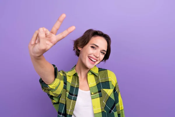 Photo Funky Cheerful Person Beaming Smile Arm Fingers Demonstrate Sign — Stock Photo, Image