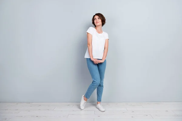 Full Size Photo Gorgeous Minded Positive Girl Look Empty Space — Stock Photo, Image