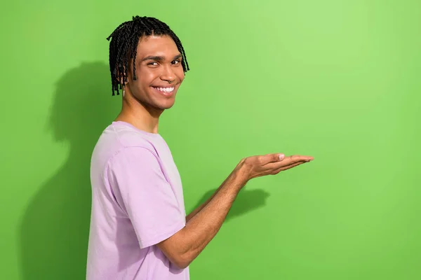 Profile Photo Positive Young Man Beaming Smile Hands Hold Demonstrate — Stock Photo, Image