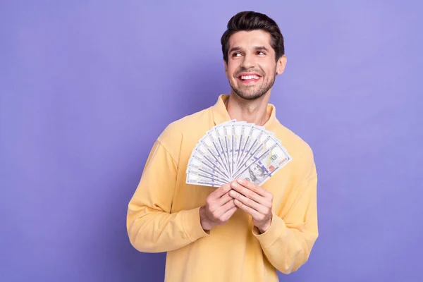 Portrait Minded Successful Man Hands Hold Dollar Bills Look Interested — Stock Photo, Image