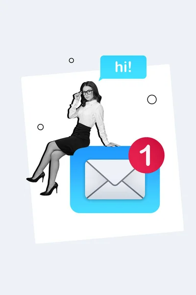 Poster Picture Collage Serious Successful Lady Boss Sitting Answering Sms — Stock Photo, Image