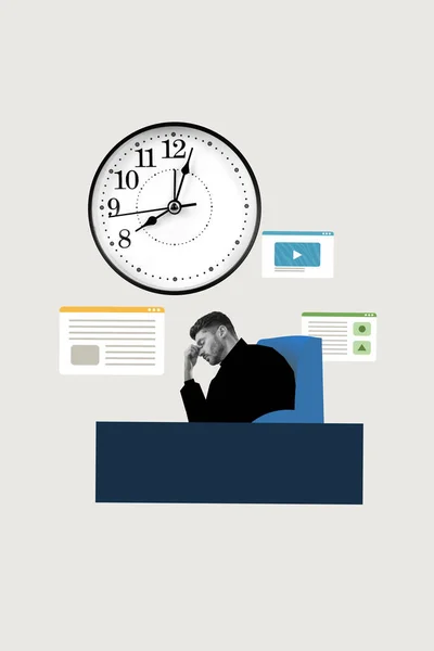 Plakát Kresby Koláž Smutné Vyčerpaný Muž Smm Cíleolog Stres Brzy — Stock fotografie