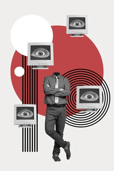 图文背景中孤立的现代技术控制的没有人脸的自信男子的图像海报拼贴 — 图库照片