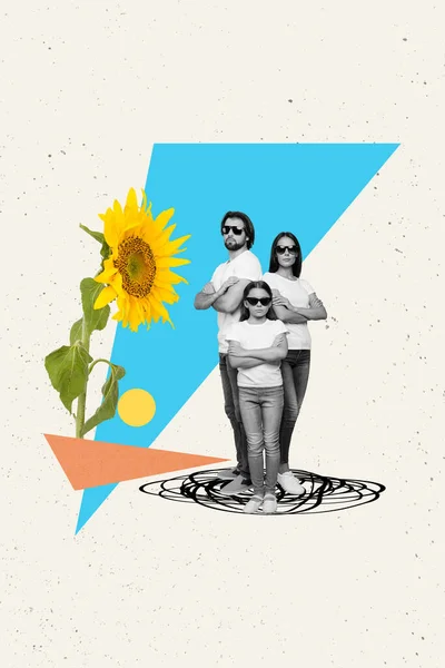 小黑白色效果的垂直拼贴图像严重家族叠抱太阳镜大向日葵在画布背景上的分离 — 图库照片
