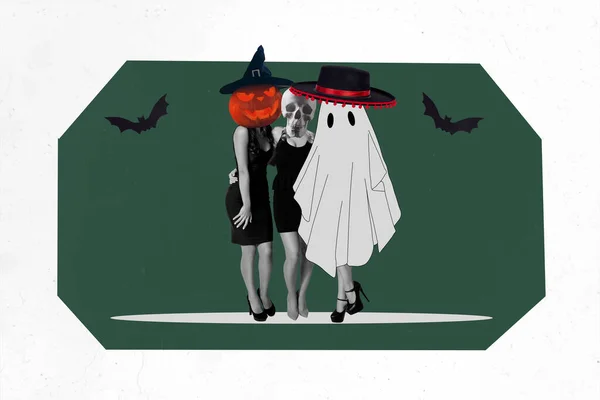 Imagem Colagem Cartaz Três Meninas Bonitas Celebrando Festa Tema Halloween — Fotografia de Stock
