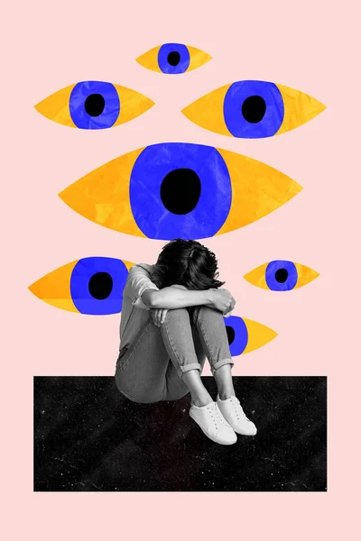 Pionowe Kolaż Kreatywny Szablon Siedzi Podłoga Płacze Depresja Dziewczyna Oczy — Zdjęcie stockowe