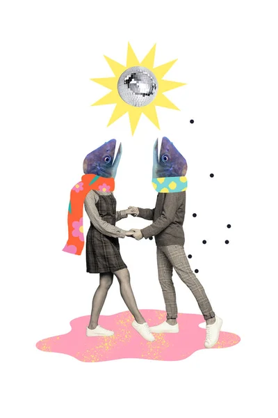 白い背景に隔離されたテーマの概念的な魚のマスクのイラストを身に着ける2人のダンスの面白い絵をコラージュして下さい — ストック写真