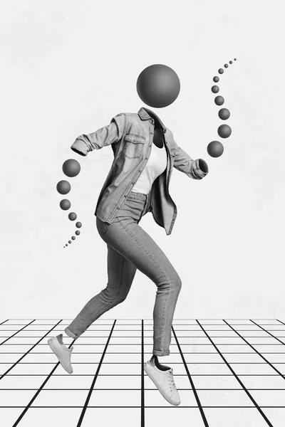 Collage Compuesto Imagen Correr Caminando Figura Femenina Esferas Redondas Lugar —  Fotos de Stock