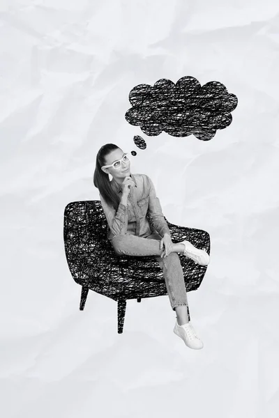 Függőleges Kollázs Kép Fekete Fehér Hatás Lány Festett Fotel Elmélkedni — Stock Fotó