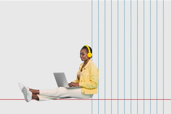 レトロ抽象的な創造的なアートワークテンプレート 若い陽気なアフリカの女性のコラージュ フロアワーク コンピュータ ライン ペーパー シート — ストック写真