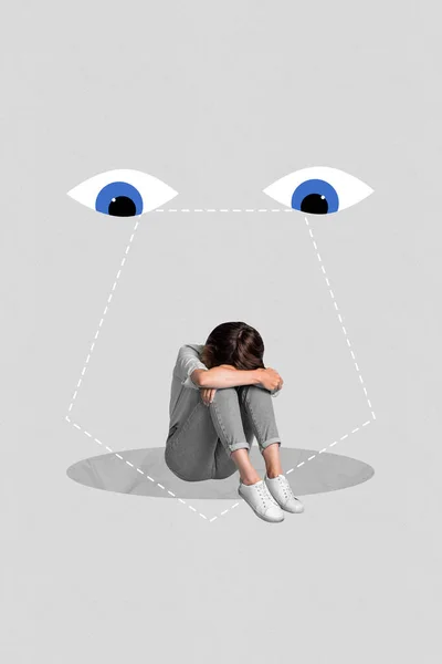 Colagem Imagem Chateado Menina Desapontado Sentado Chão Chorando Sofrendo Bully — Fotografia de Stock