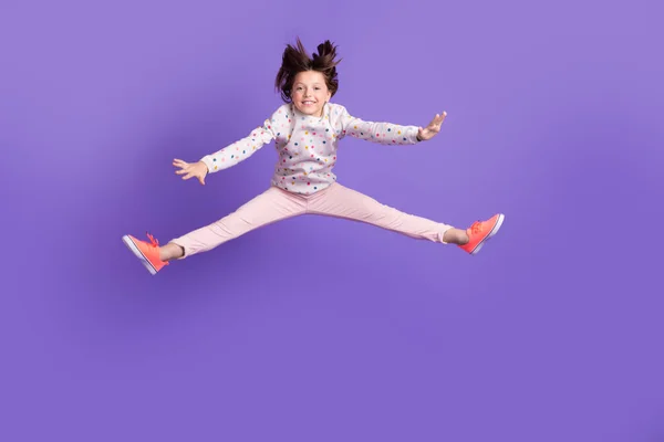 Full Length Photo Excited Funky Little Girl Dressed Dotted Pullover — Stock Photo, Image