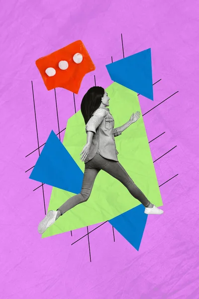 Poster Collage Bild Von Glücklich Laufenden Mädchen Eile Sagen Sagen — Stockfoto