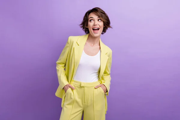 Photo of professional broker documents issues wearing lime yellow suit woman joking look empty space isolated on purple color background.