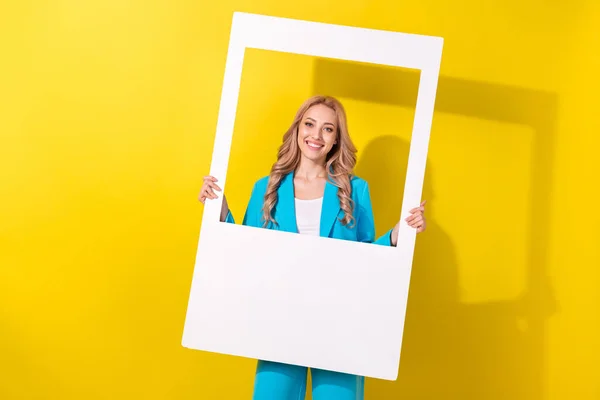 Portrait Nice Positive Classy Lady Have Good Mood Hands Hold — Stock Photo, Image