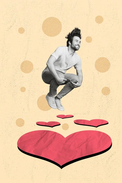 Obrázek Plakát Koláž Šťastný Radostný Muž Padající Láska Skákání Dolů — Stock fotografie