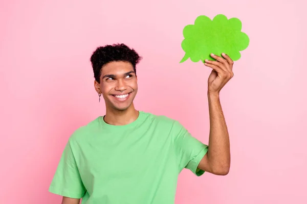 Foto Homem Bonito Pensativo Vestido Shirt Verde Olhando Bolha Mente — Fotografia de Stock