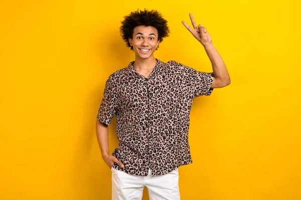 Photo portrait of funky youngster guy showing v sign greetings symbol hello people tourist shopping ad isolated on yellow color background.