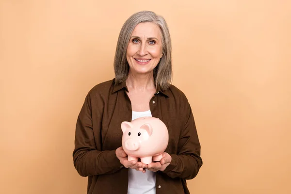 Photo Aged Cheerful Person Toothy Smile Arms Hold Money Savings — Stock Photo, Image