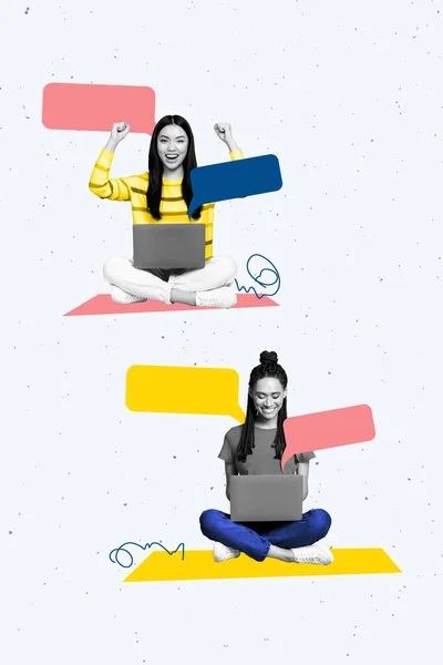 Collage Zwei Lustige Junge Mädchen Freunde Sms Zusammen Online Chat — Stockfoto