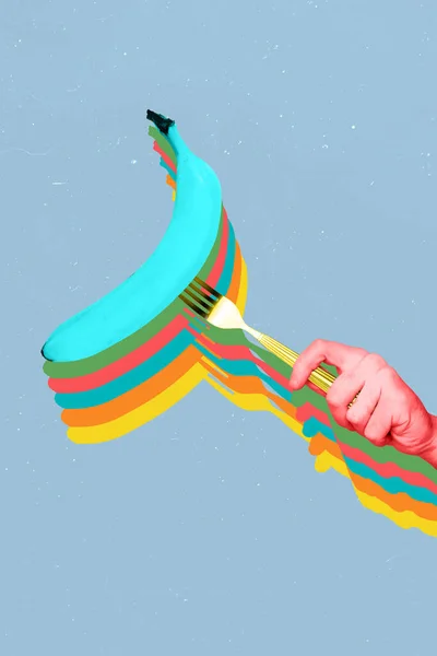 Collage Visuele Effect Afbeelding Illustratie Van Kleurrijke Banaan Vork Gebruiksvoorwerp — Stockfoto