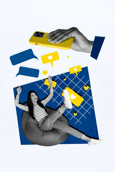 Collage Illustration Art Jeune Femme Funky Couché Pouf Confort Profiter — Photo
