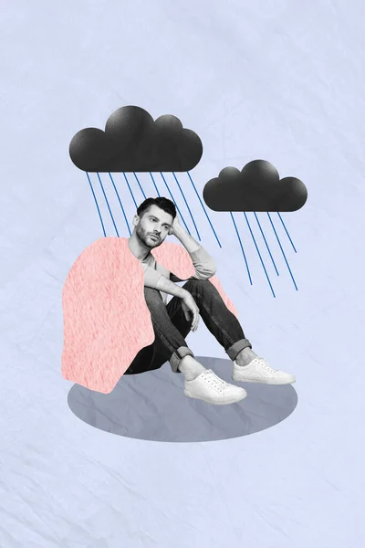 Collage Stressed Young Man Sitting Apathy Fall Season Rainy Days — Stock Photo, Image