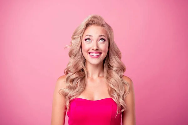 Photo Lovely Faancy Adorable Lady Toothy Smile Look Empty Space — Stock Photo, Image