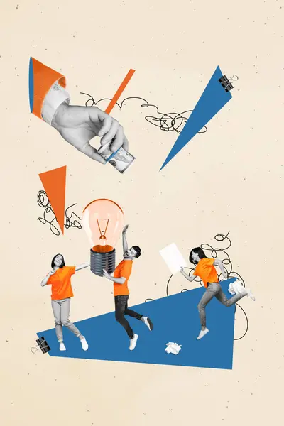 Collage Artistique Créatif Trois Collègues Travail Mains Tenir Ampoule Génie — Photo